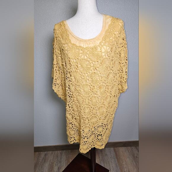 Dress Barn Mustard Yellow Crochet Scoop Neck Tunic Top Open Knit Size 2x - Picture 3 of 14